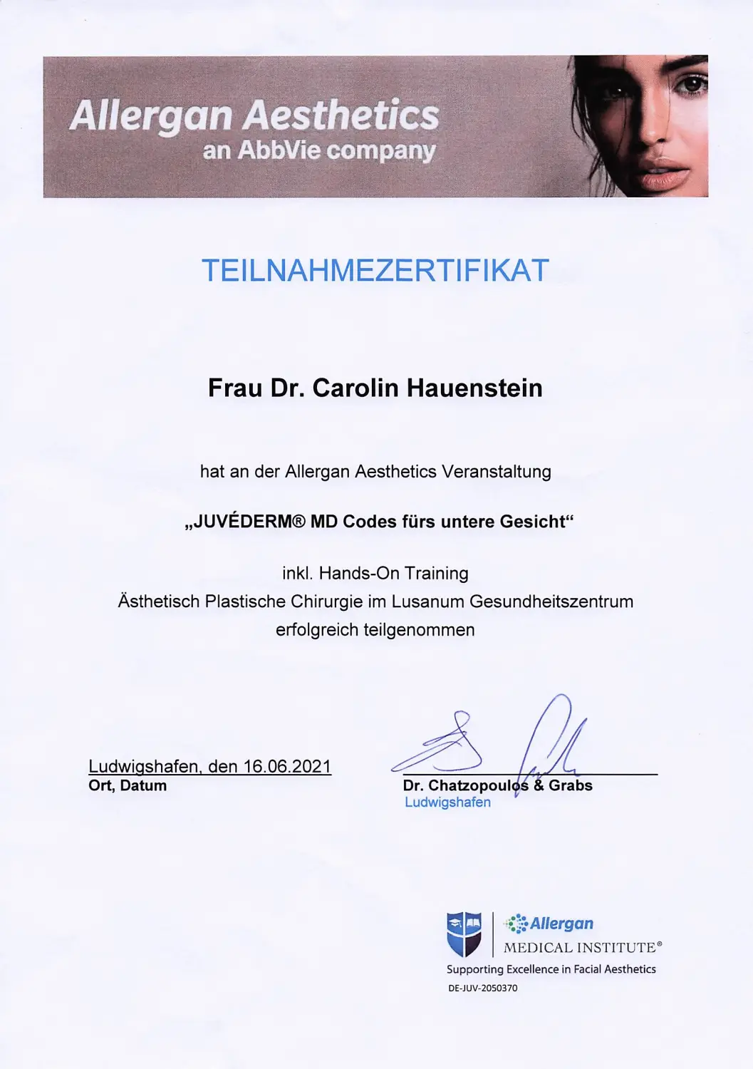 Zertifikat von Hauenstein Medical Aesthetics