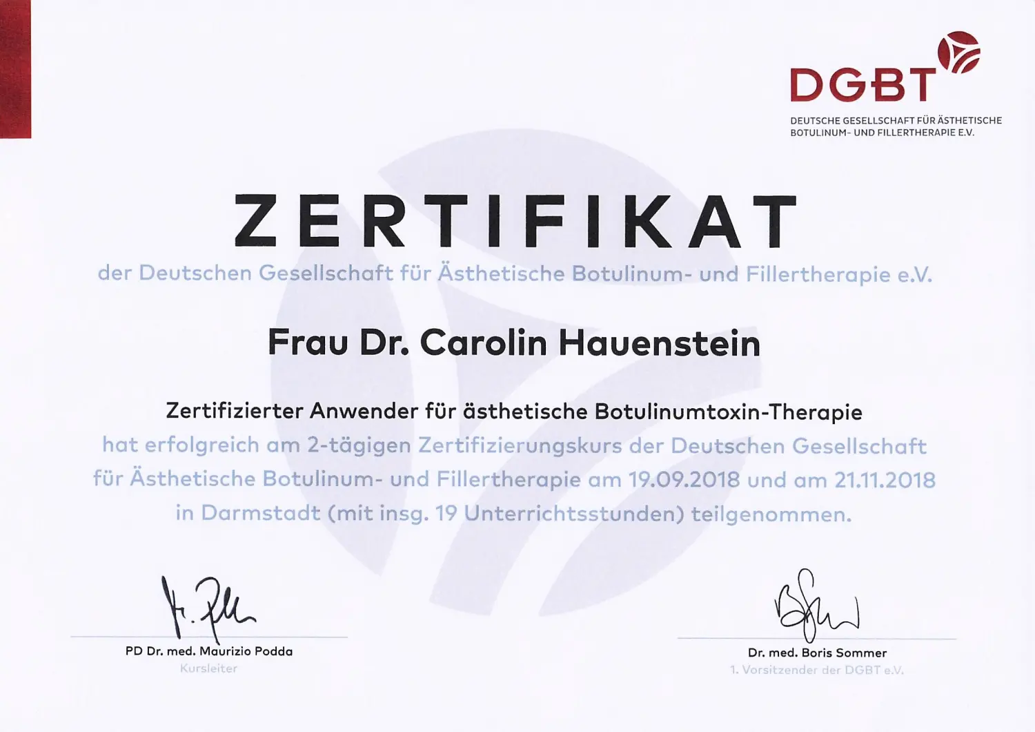 Zertifikat von Hauenstein Medical Aesthetics