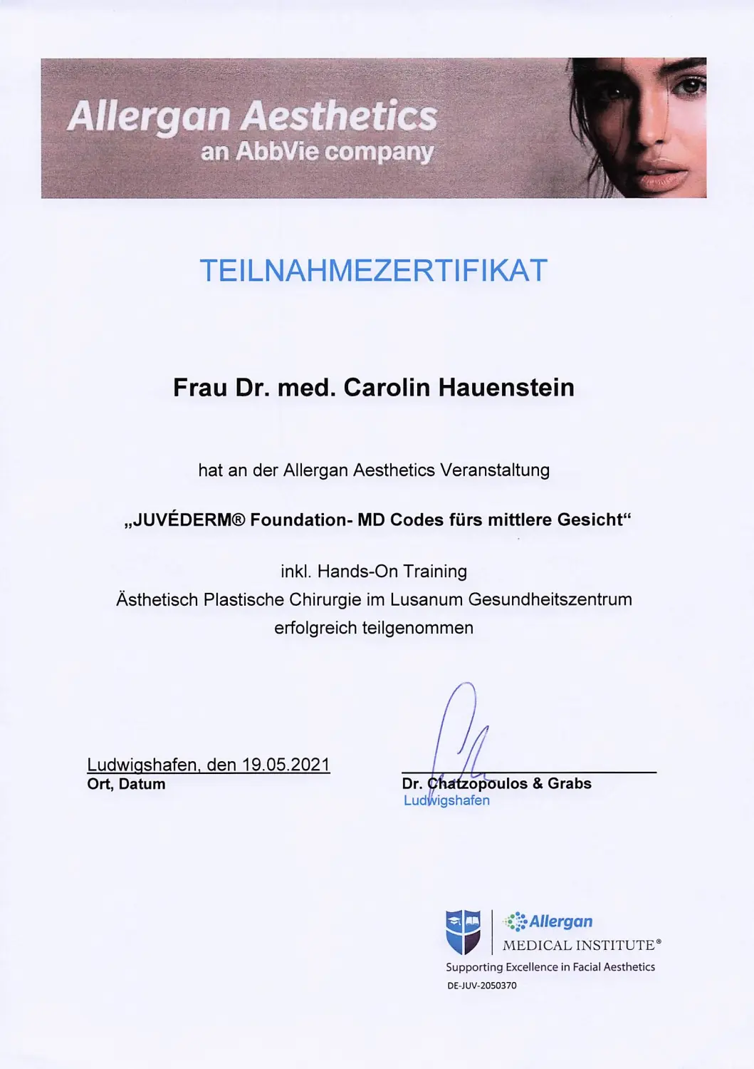 Zertifikat von Hauenstein Medical Aesthetics