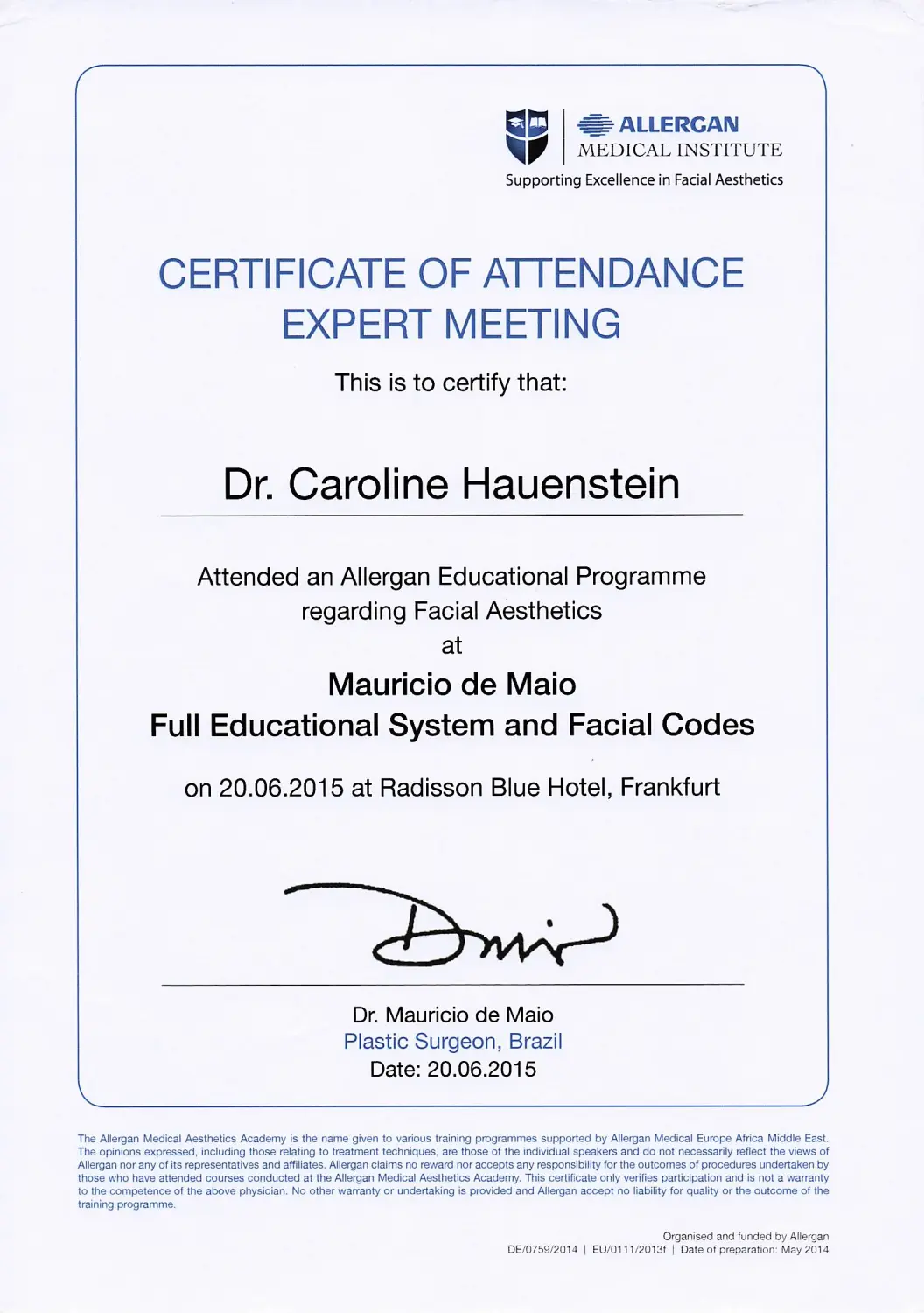 Zertifikat von Hauenstein Medical Aesthetics