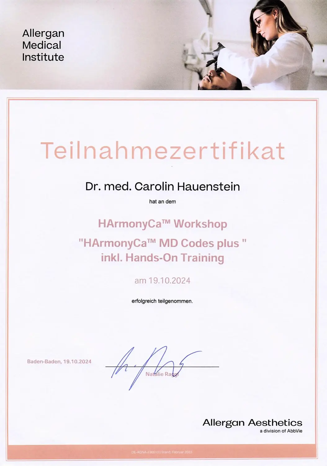 Zertifikat von Hauenstein Medical Aesthetics