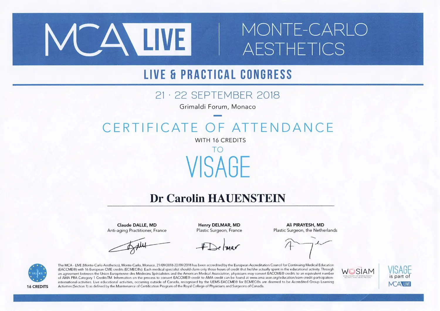 Zertifikat von Hauenstein Medical Aesthetics