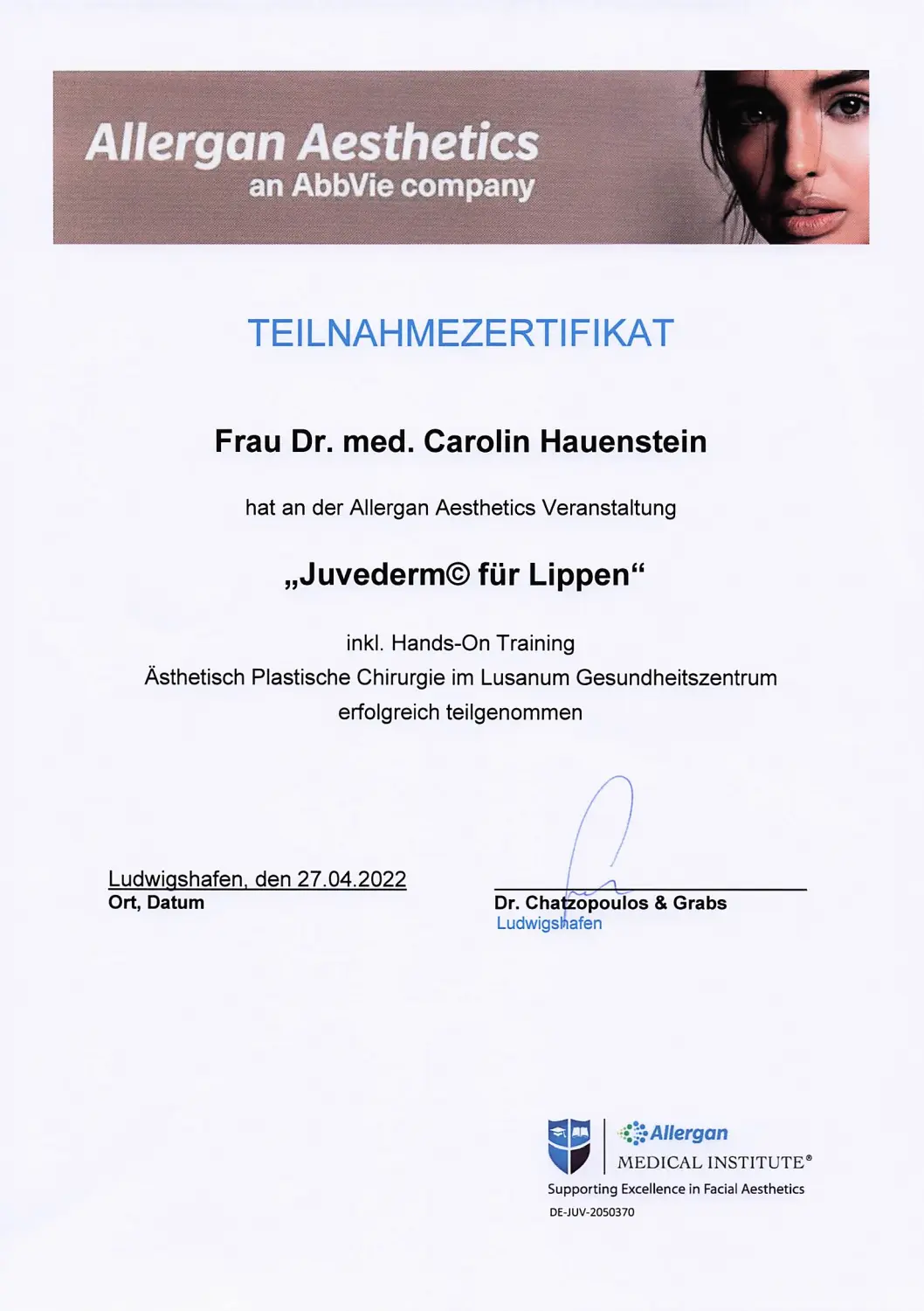 Zertifikat von Hauenstein Medical Aesthetics