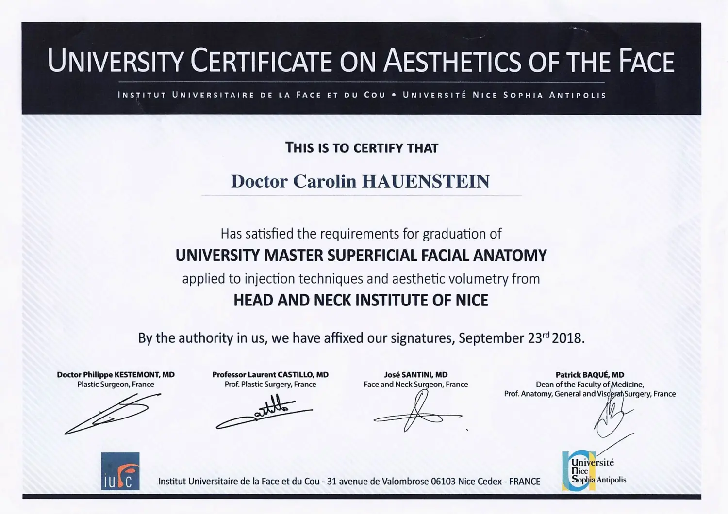 Zertifikat von Hauenstein Medical Aesthetics