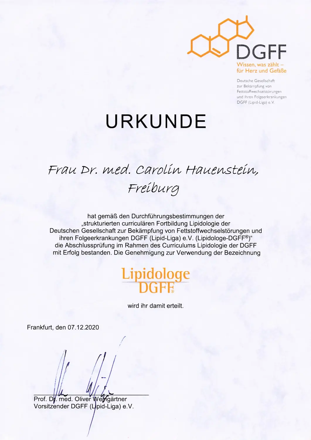 Zertifikat von Hauenstein Medical Aesthetics