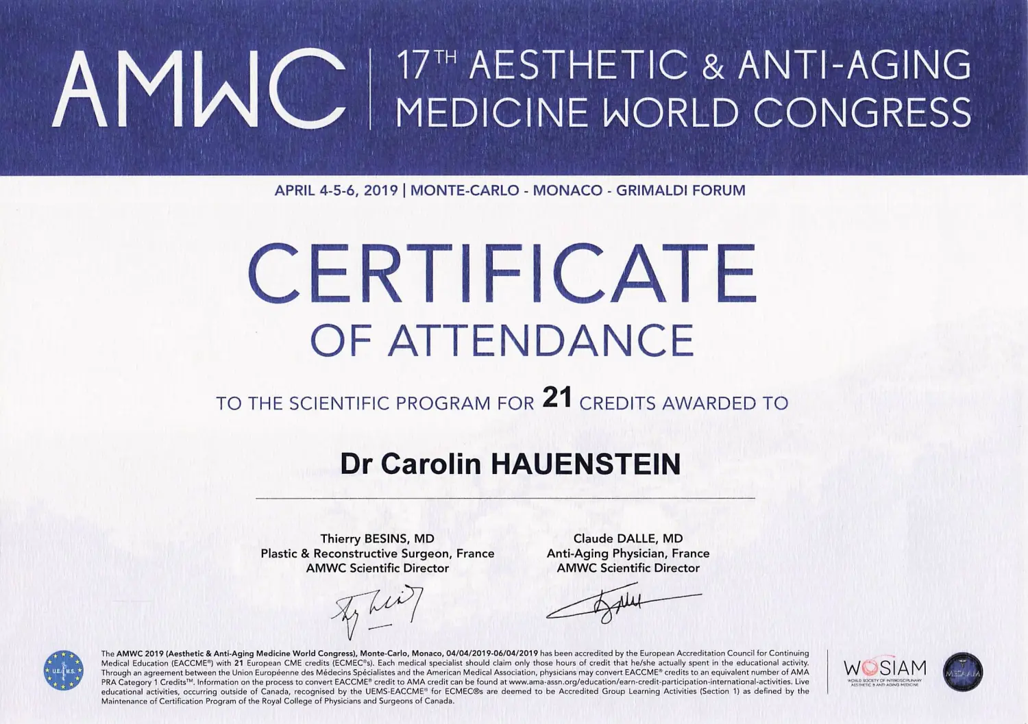 Zertifikat von Hauenstein Medical Aesthetics