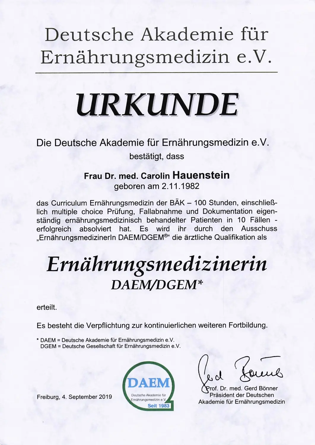 Zertifikat: Ernährungsmedizin (DAEM), 2019